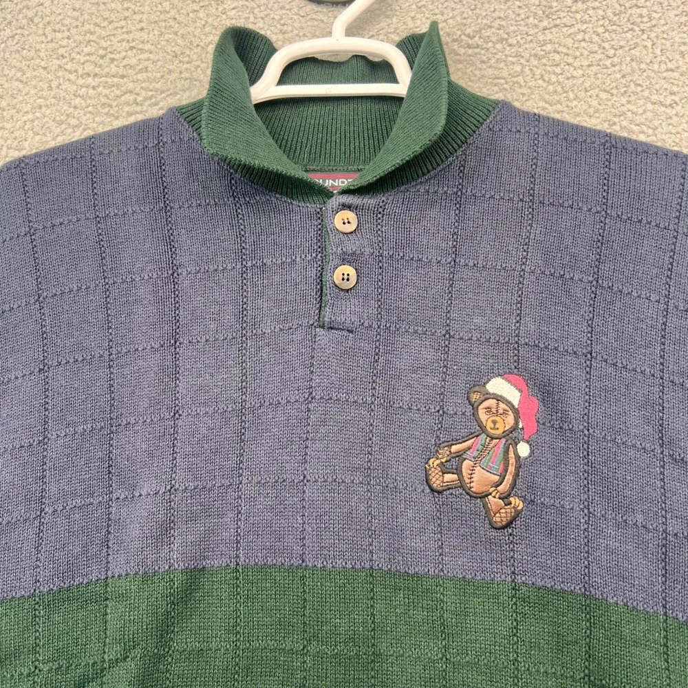 Roundtree & Yorke Mens Large Cotton Sweater Christmas Santa Bear Spruce Navy NEW